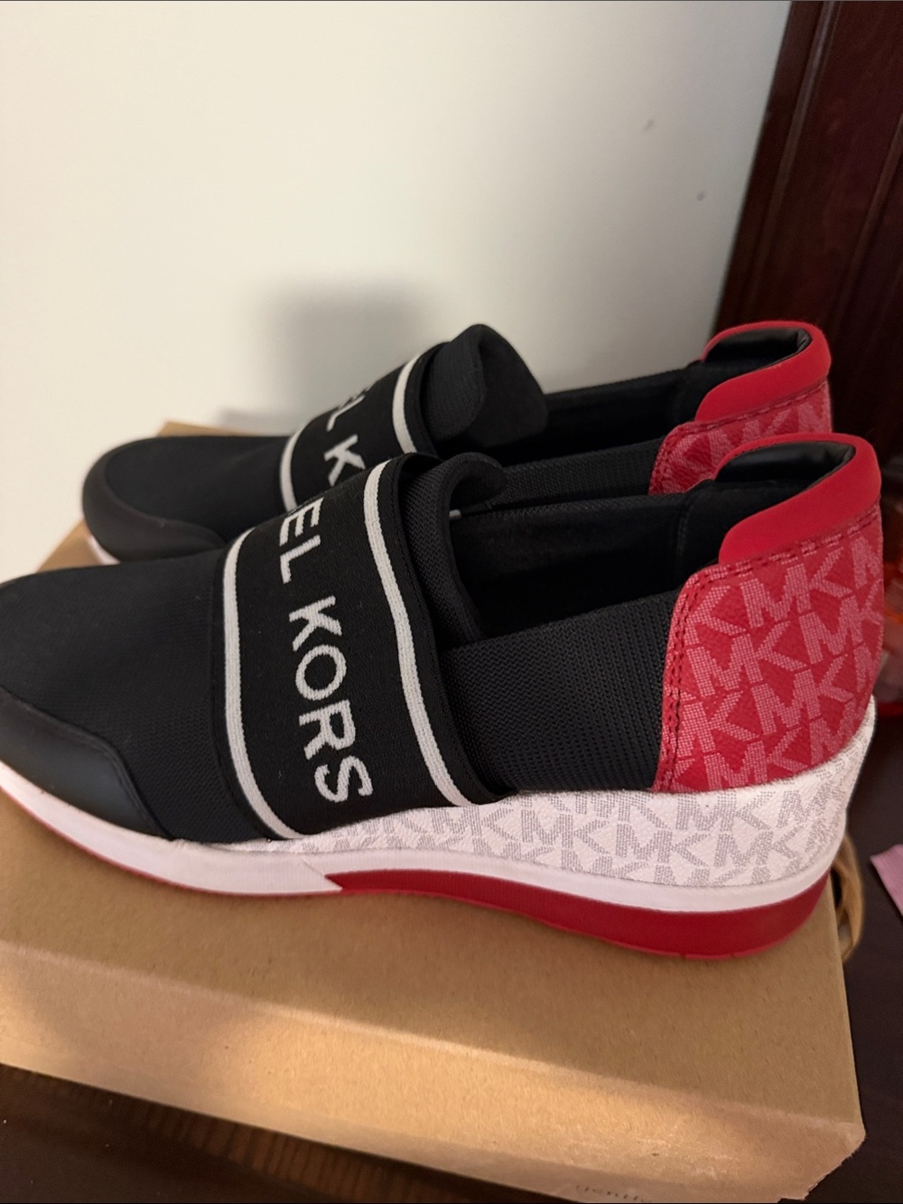 Michael Kors Black and Red Logo Strap Knit Slip-On Sneakers